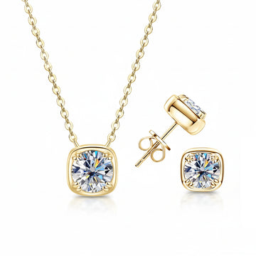 Cushion bezel moissanite necklace and stud earrings jewelry set in 18K yellow gold plating, D color VVS1 - Sensitive Stones