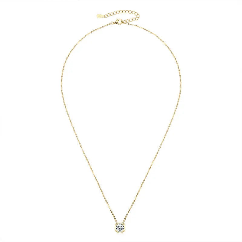 Cushion bezel set moissanite pendant necklace in 18K yellow gold plating on cable chain, white background - Sensitive Stones