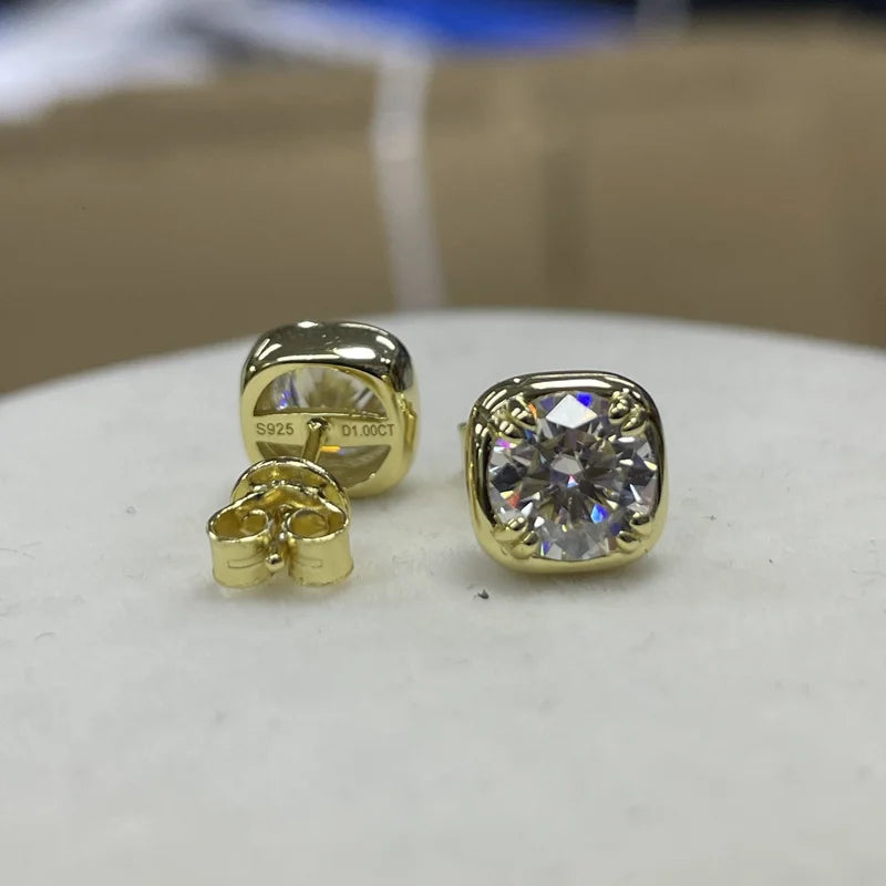 Cushion bezel moissanite stud earrings in 18K gold showing S925 and D1.00CT stamp on back - Sensitive Stones