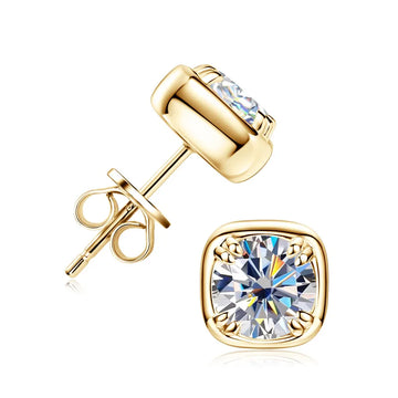 Cushion bezel moissanite stud earrings 1ct in 18K gold plating on white background - Sensitive Stones