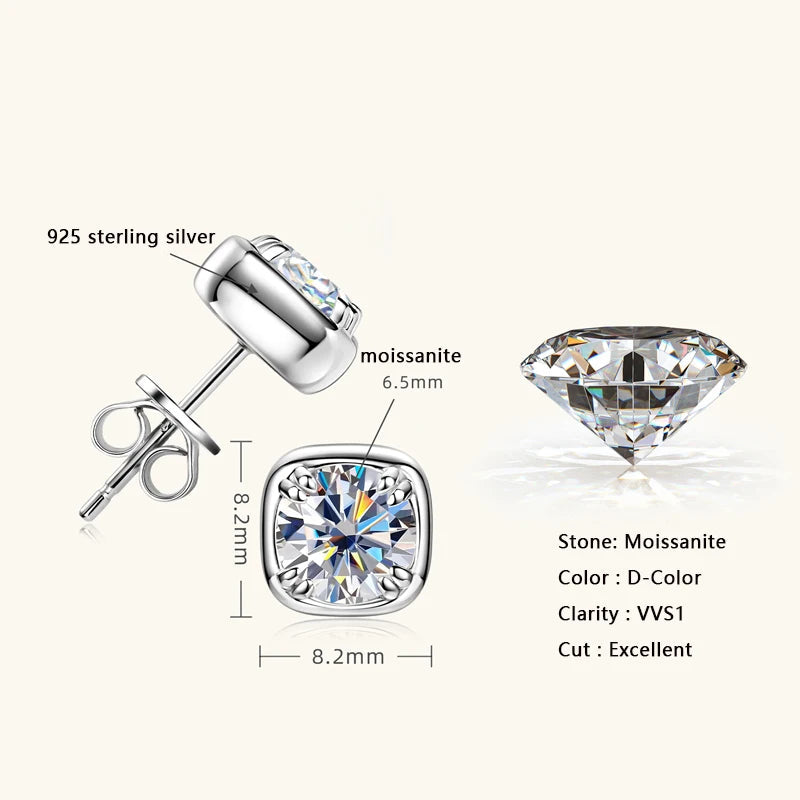 Cushion bezel moissanite stud earrings in 925 sterling silver specs showing 6.5mm stone and 8.2mm frame D color VVS1 - Sensitive Stones