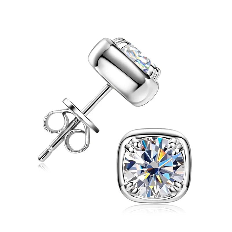 Cushion bezel moissanite stud earrings 1ct in 925 sterling silver on white background - Sensitive Stones