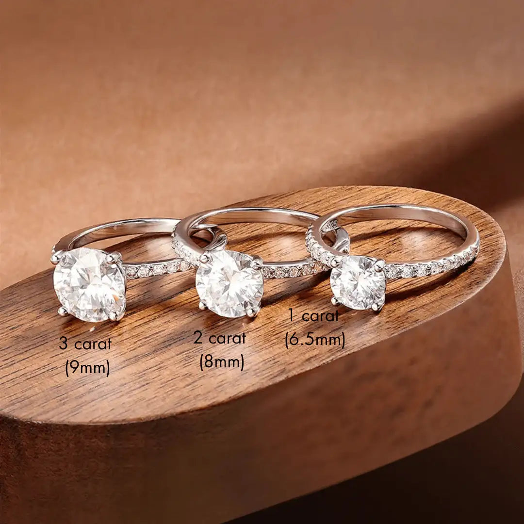 Front view of D-Color Moissanite Engagement Ring – solitaire design in 925 sterling silver with 18K white-gold plating, pavé CZ band, 1–3 carat – Sensitive Stones