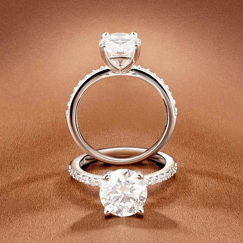 Front profile and standing view of D-Color Moissanite Engagement Ring – solitaire with prong setting, pavé CZ band, 8 Hearts & 8 Arrows cut – Sensitive Stones