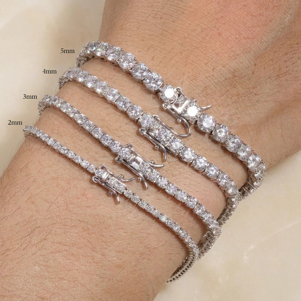 Dainty moissanite tennis bracelet 2mm shown on the wrist for size comparison against 3mm, 4mm and 5mm tennis bracelets - Sensitive Stones