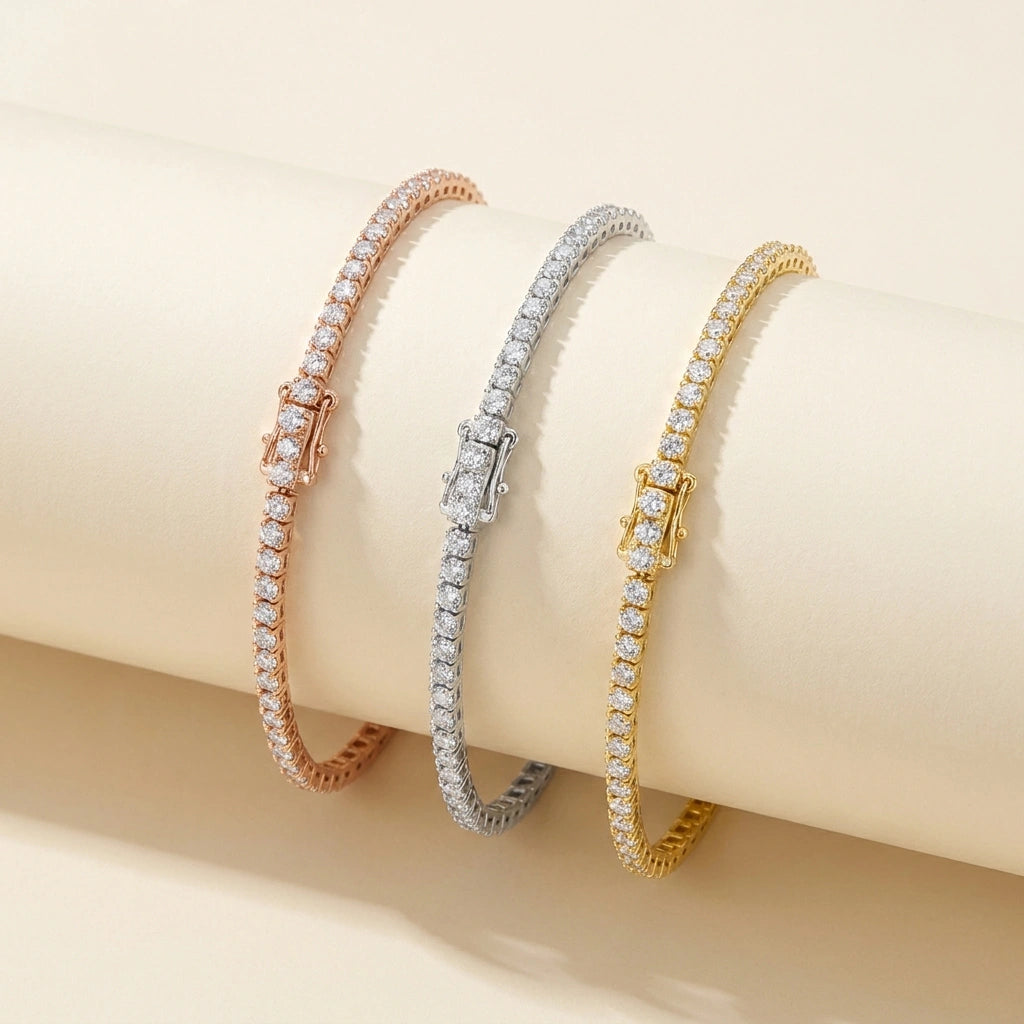 Dainty moissanite tennis bracelet in rose gold, white gold and yellow gold plating - Sensitive Stones