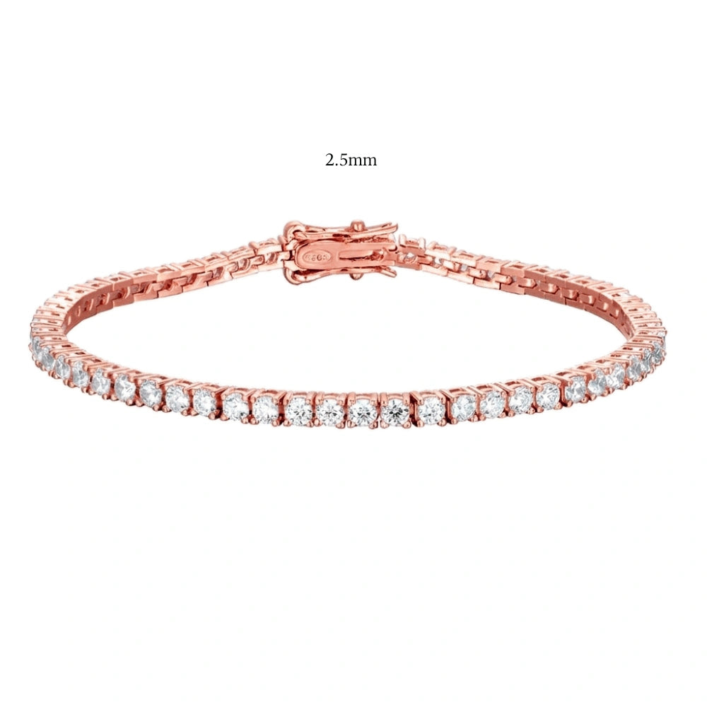 2.5mm dainty moissanite tennis bracelet in 18K rose gold, claw set round stones - Sensitive Stones