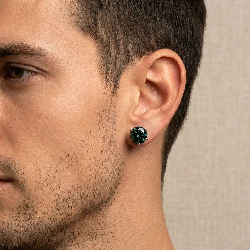 Dark green moissanite solitaire stud earring in 6 prong 925 silver setting worn on male model, unisex 3ct size - Sensitive Stones