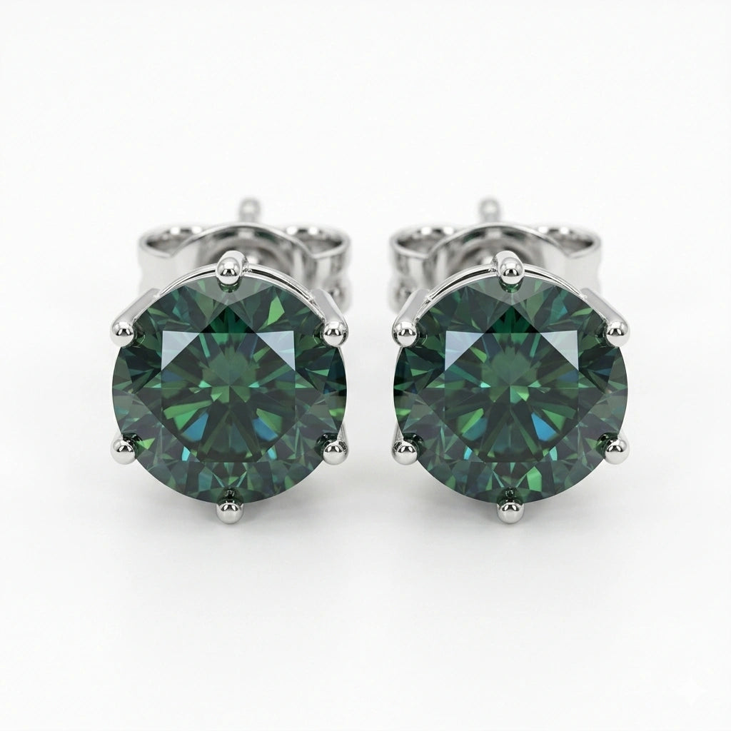 Dark green moissanite solitaire stud earrings with 6 prong 925 silver setting on white background - Sensitive Stones