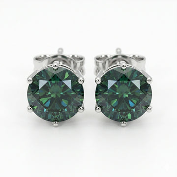 Dark green moissanite solitaire stud earrings with 6 prong 925 silver setting on white background - Sensitive Stones