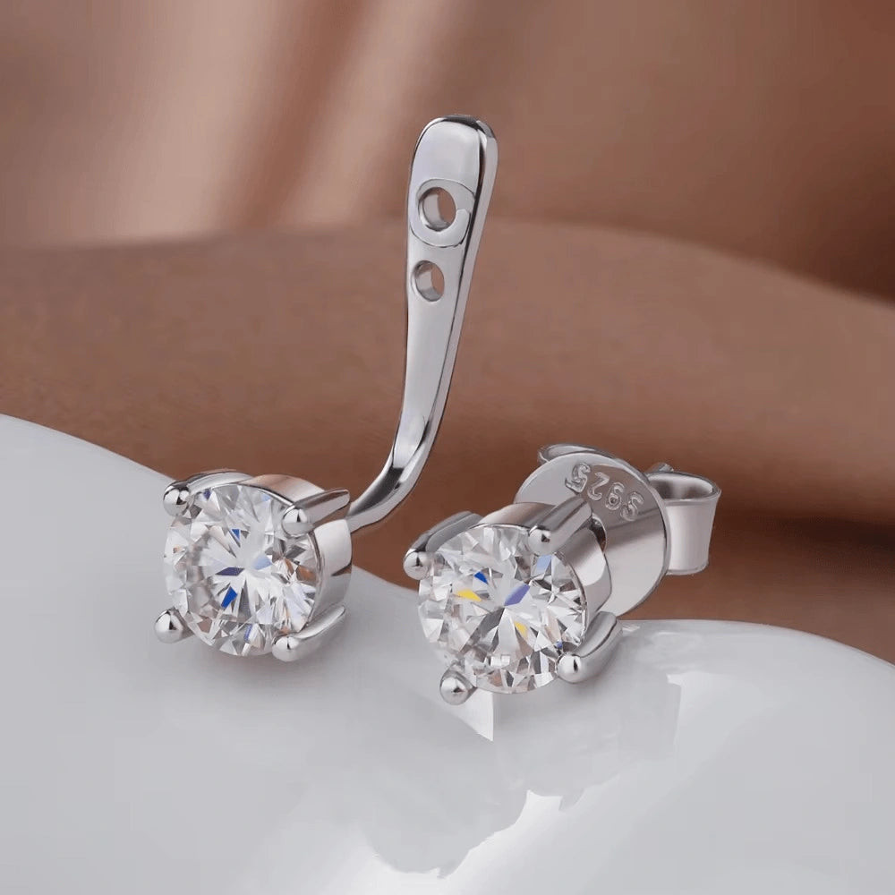 Detachable moissanite double stud jacket earrings in 925 silver, prong setting and butterfly back - Sensitive Stones
