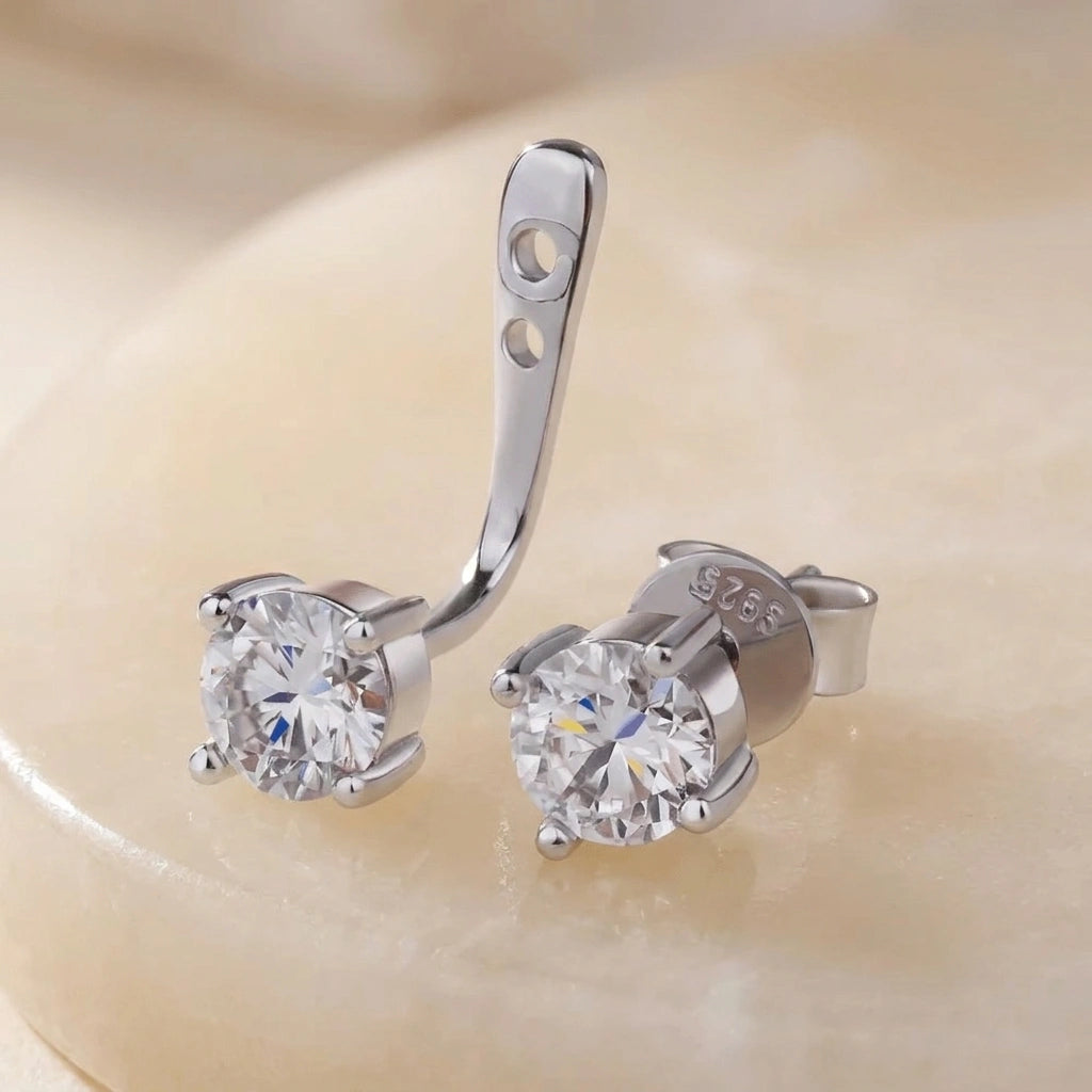 Detachable moissanite double stud jacket earrings in 925 silver, prong setting and butterfly back - Sensitive Stones