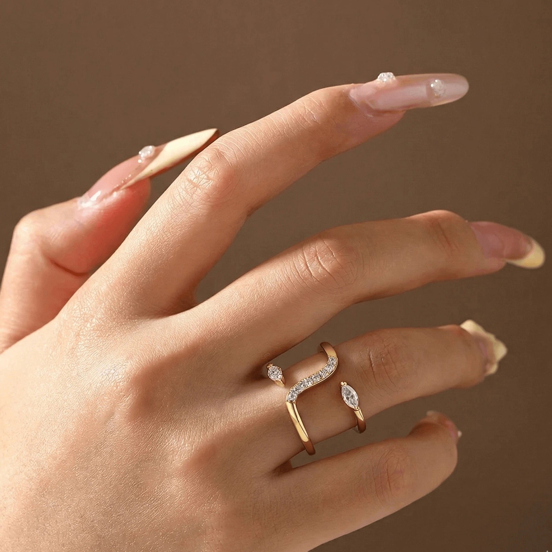 Double Snake Moissanite Ring in gold finish worn on hand, D Color VVS1 - Sensitive Stones