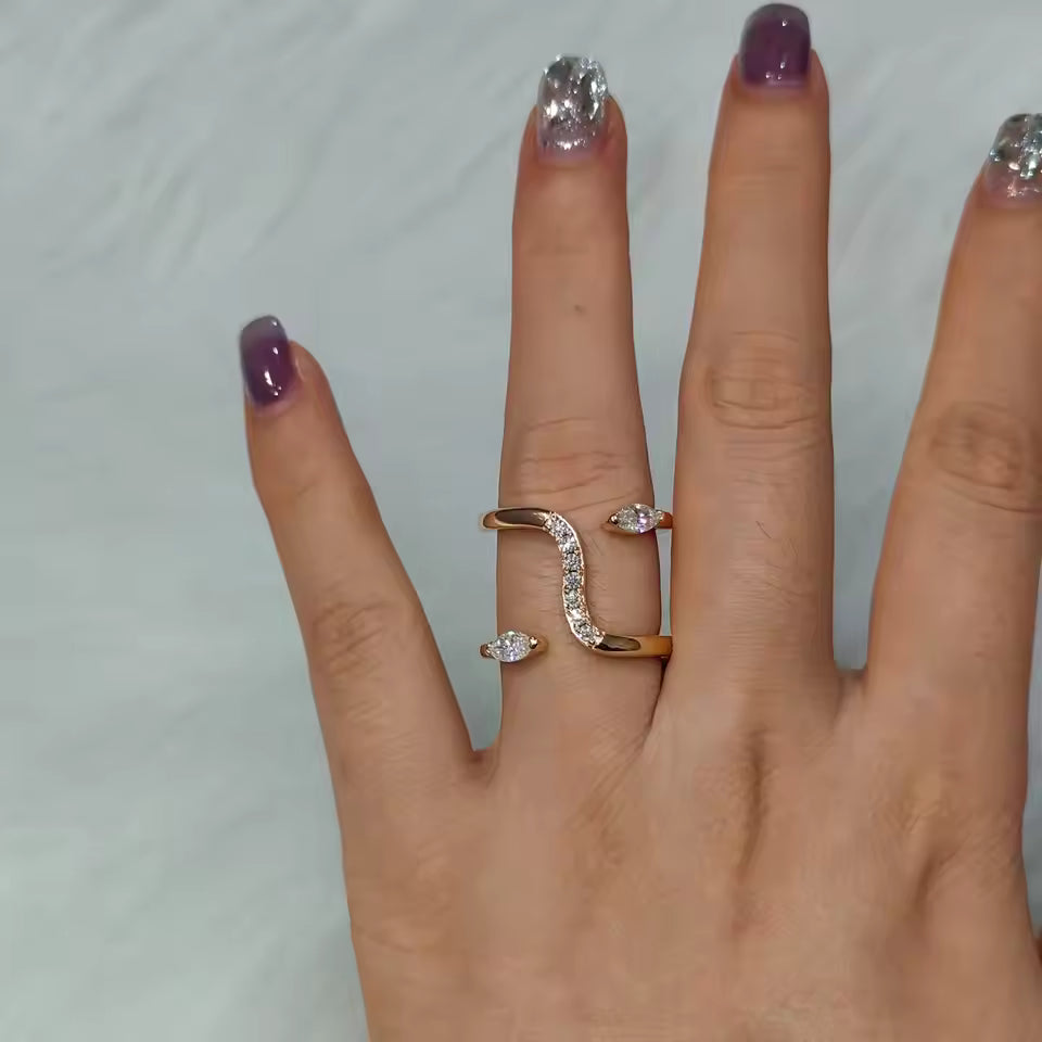 Double Snake Moissanite Ring in 18K gold, D Color VVS1 stones worn on finger - Sensitive Stones