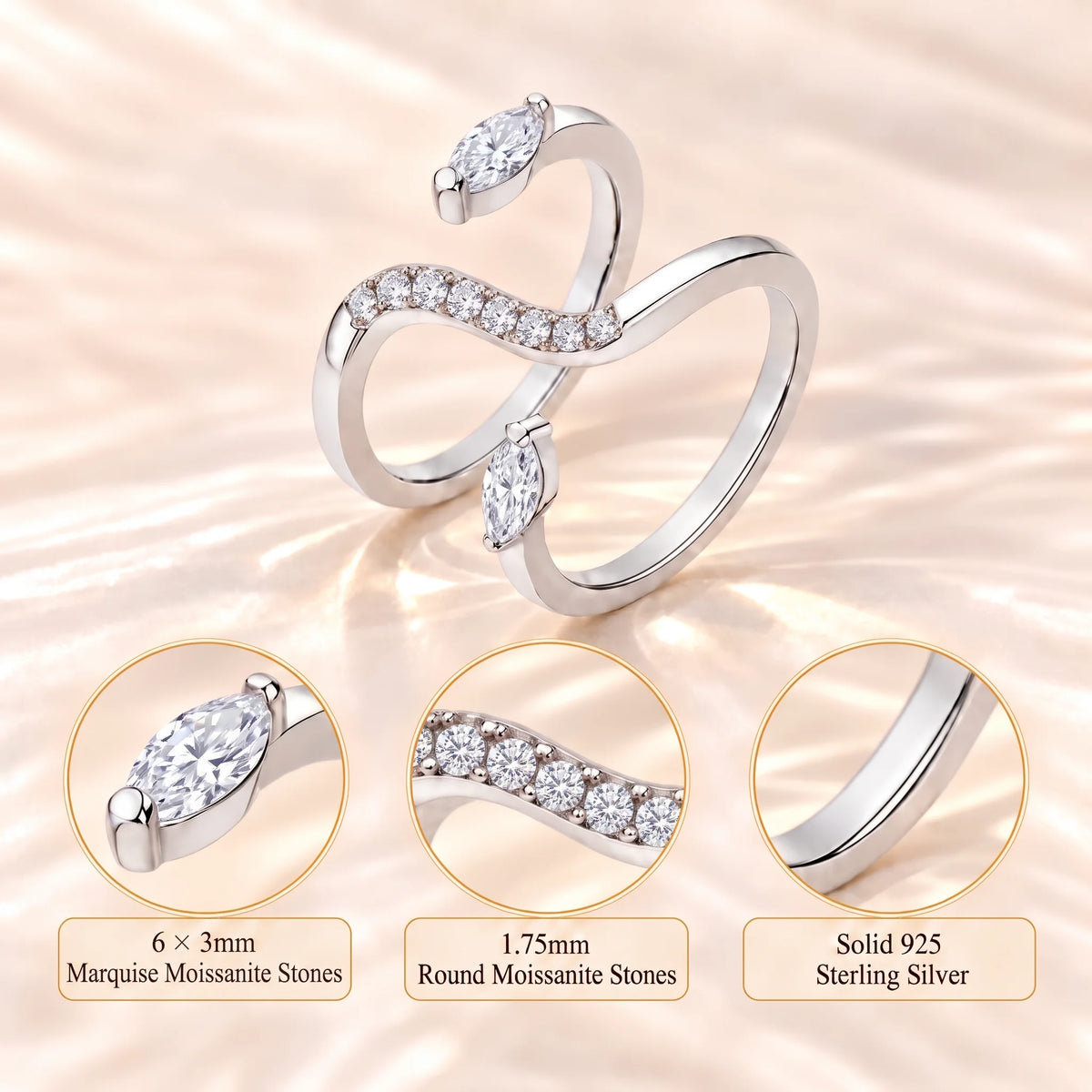 Specification chart for the double snake moissanite ring showing 6x3mm marquise cut moissanite heads, 1.75mm round cut moissanite and solid 925 sterling silver - Sensitive Stones