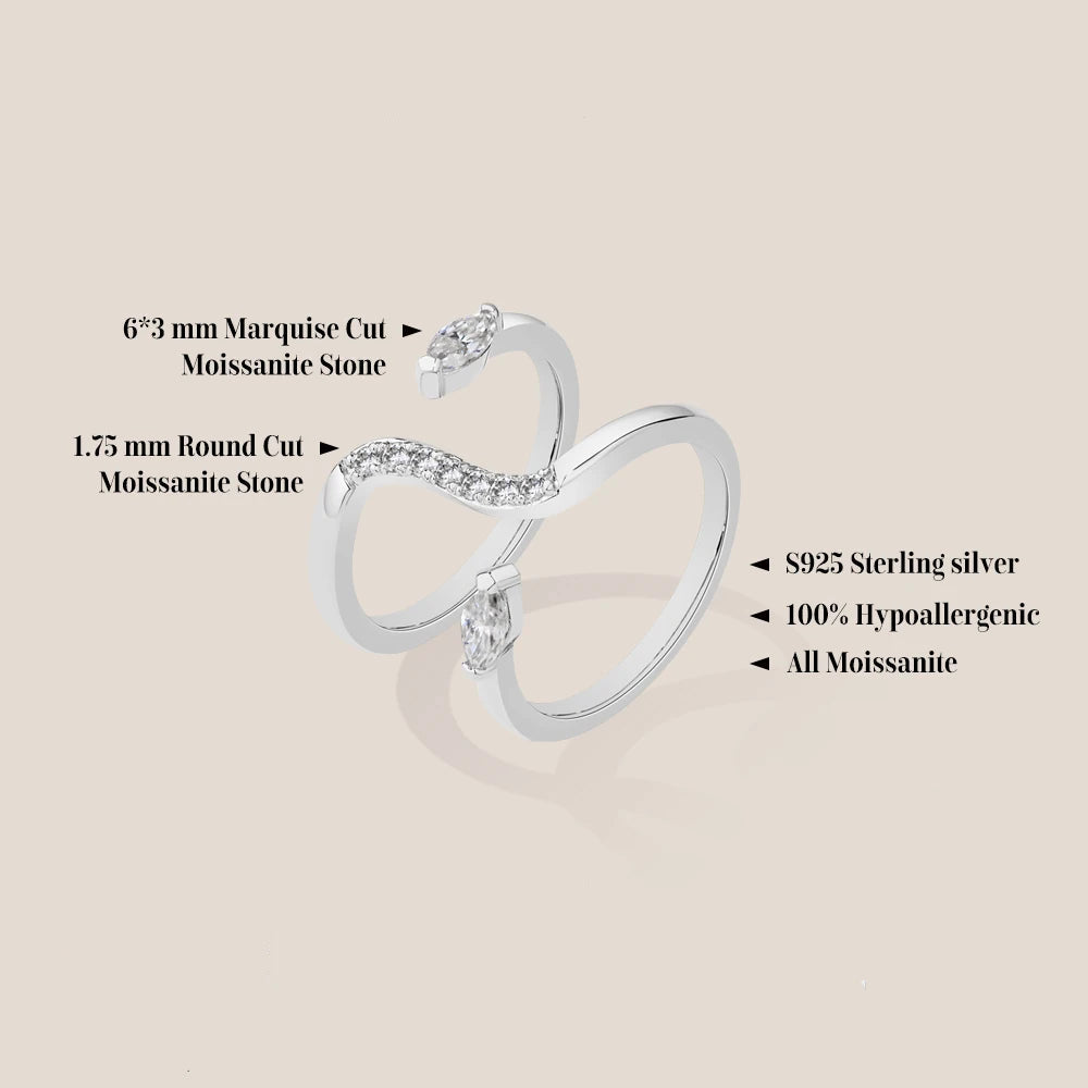 Double Snake Moissanite Ring stone size and specs diagram, D Color VVS1 925 silver - Sensitive Stones
