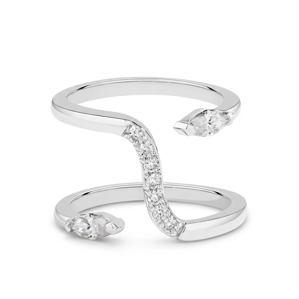 Double snake moissanite ring in 925 sterling silver with a white gold finish, an open double band with a pavé serpent body and a marquise moissanite head at each end, on a white background - Sensitive Stones
