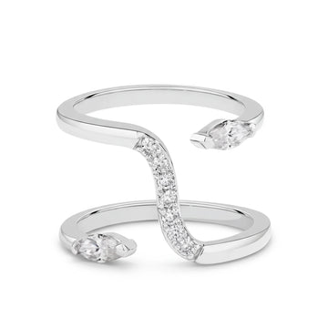 Double snake moissanite ring in 925 sterling silver with a white gold finish, an open double band with a pavé serpent body and a marquise moissanite head at each end, on a white background - Sensitive Stones