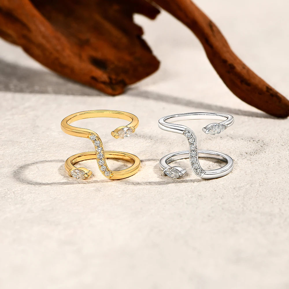 Double Snake Moissanite Ring D Color VVS1, yellow gold and white gold finish side by side - Sensitive Stones