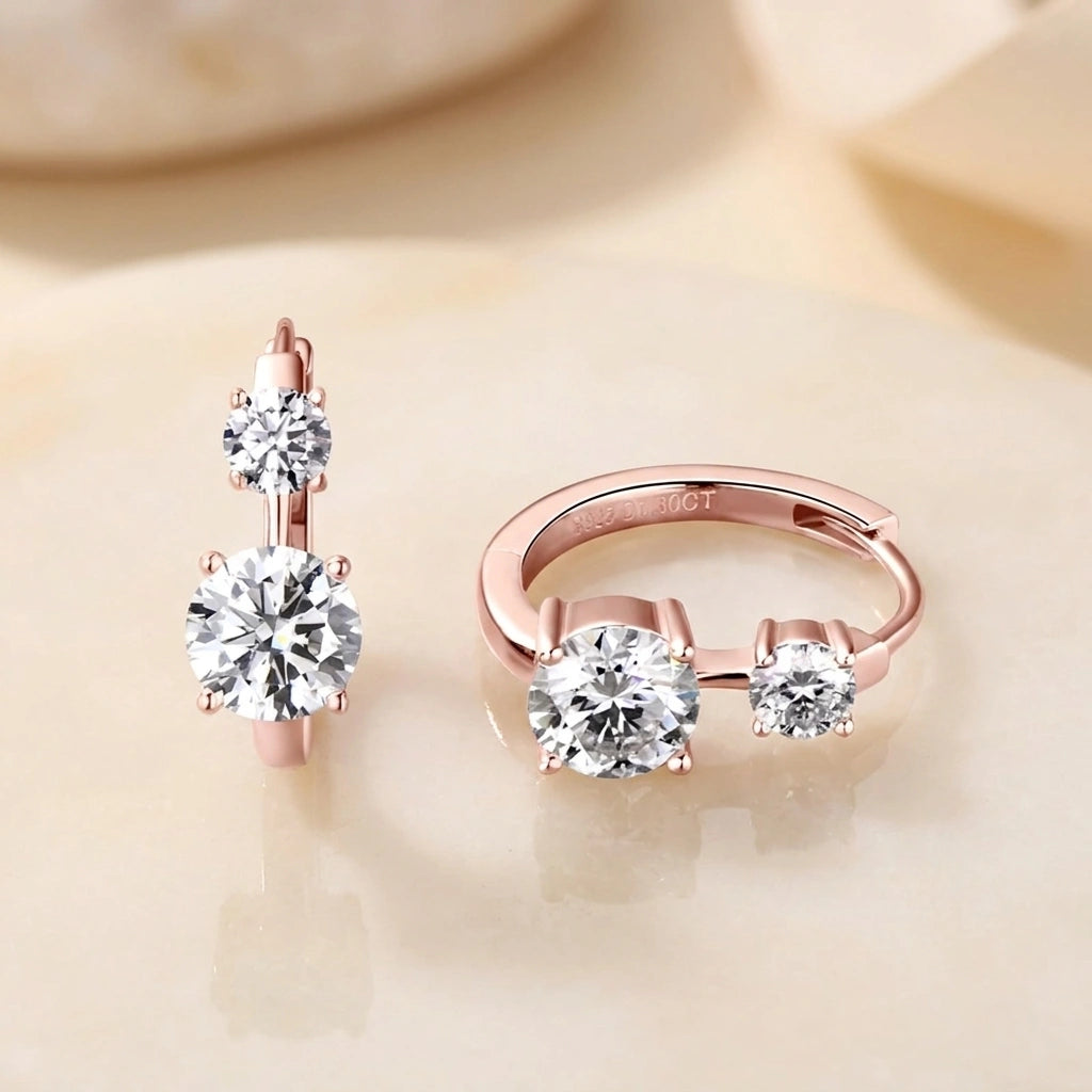 Two stone moissanite huggie hoop earrings in rose gold plated 925 sterling silver - Sensitive Stones