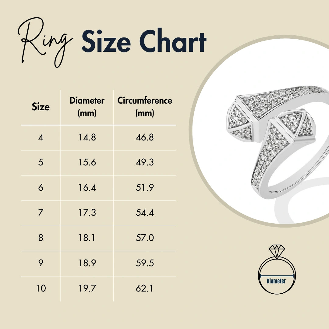 Ring size chart with US sizes 4 to 10, showing diameter and circumference in millimeters for accurate jewelry fit, featuring a double head snake moissanite ring - Sensitive Stones