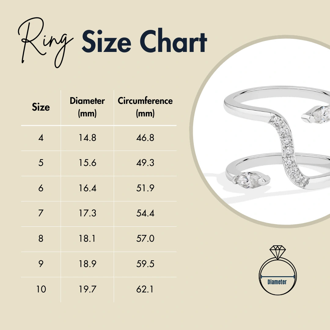 Ring size chart with US sizes 4 to 10, showing diameter and circumference in millimeters for accurate jewelry fit, featuring a double snake ring - Sensitive Stones
