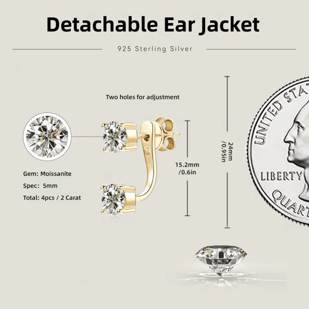 Detachable moissanite ear jacket earrings with adjustable positioning - 5mm round moissanite studs, 2 carat total, 925 sterling silver with 18k gold plating, shown with size comparison to coin - Sensitive Stones