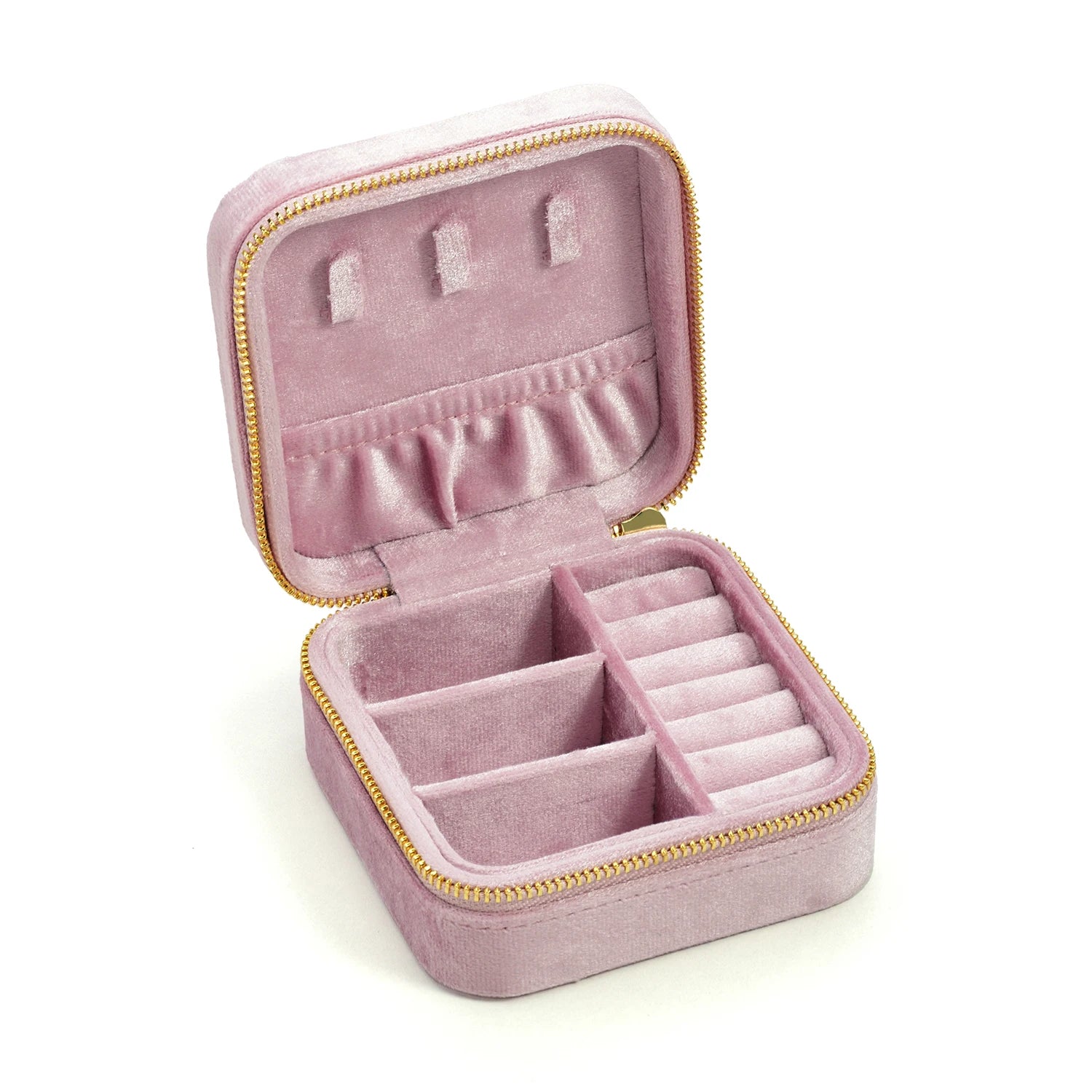 Dusty rose velvet travel jewelry box open showing necklace hooks and ring compartments - Sensitive Stones