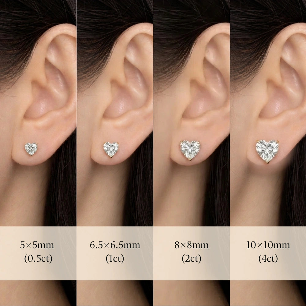Heart cut moissanite stud earrings size guide on the ear, 5mm 0.5ct, 6.5mm 1ct, 8mm 2ct and 10mm 4ct studs - Sensitive Stones