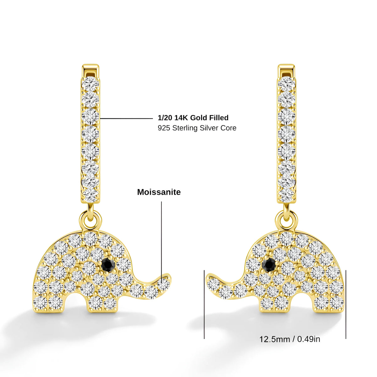 Elephant dangle moissanite earring specifications: 12.5mm charm width, 1/20 14K gold filled over a 925 sterling silver core - Sensitive Stones