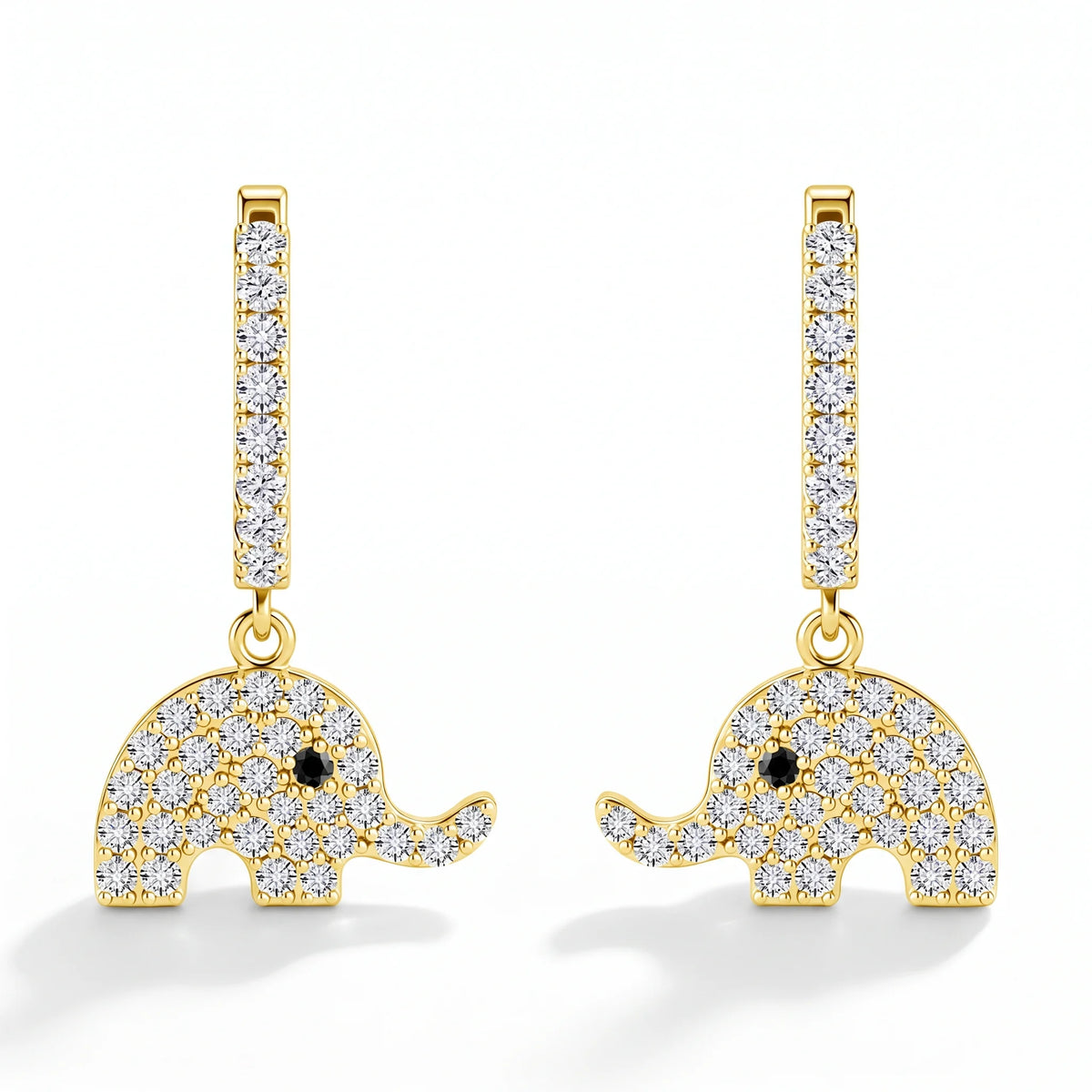Elephant dangle moissanite earrings in 14K gold filled, a pavé elephant charm hanging from a pavé bar - Sensitive Stones