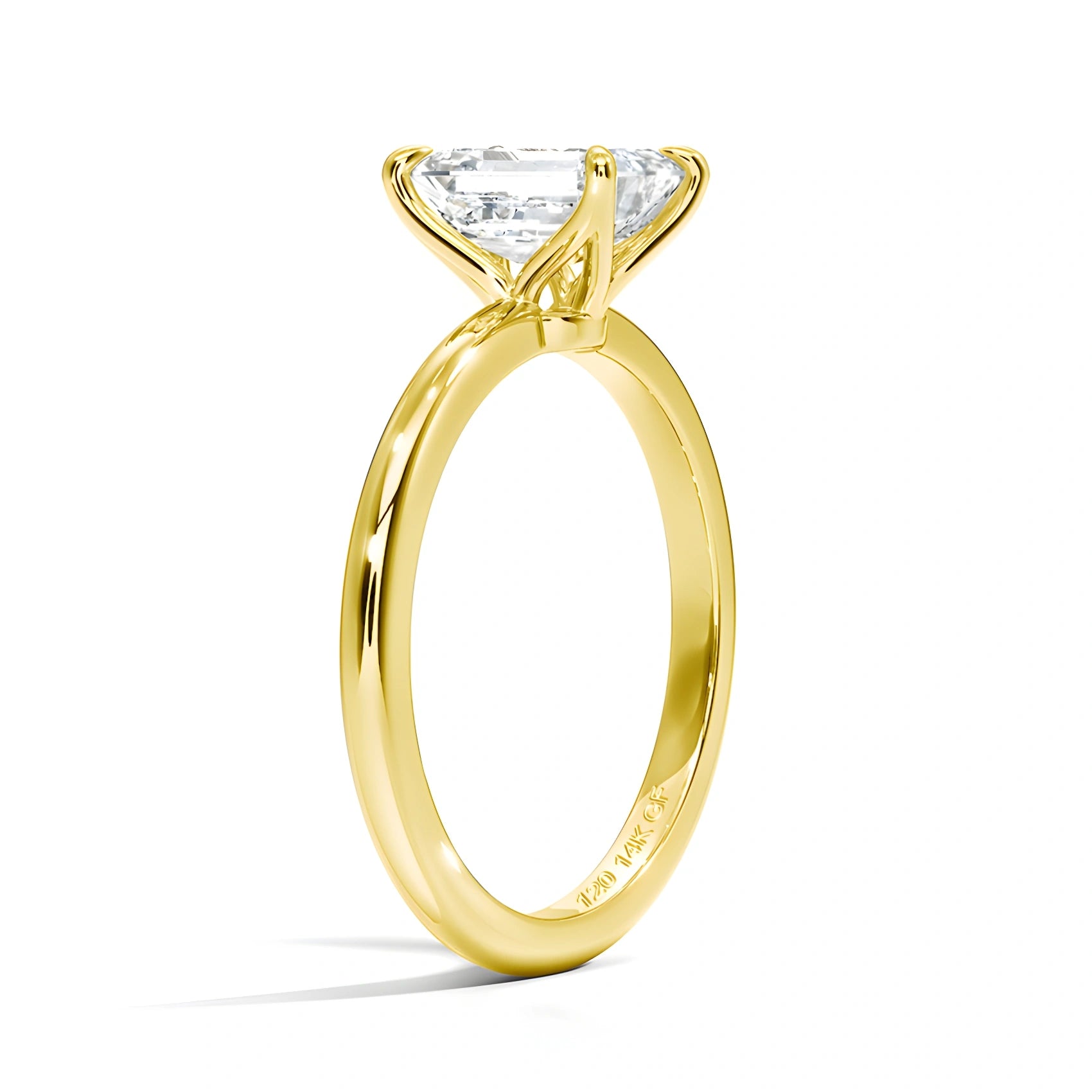 Emerald cut moissanite engagement ring 14K gold filled angled view showing 4 prong setting - Sensitive Stones