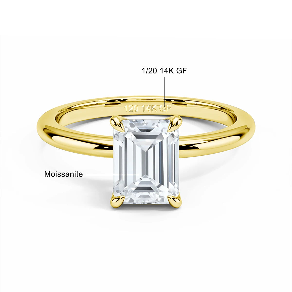Emerald cut moissanite engagement ring 14K gold filled with 1/20 14K GF stamp and stone details - Sensitive Stones