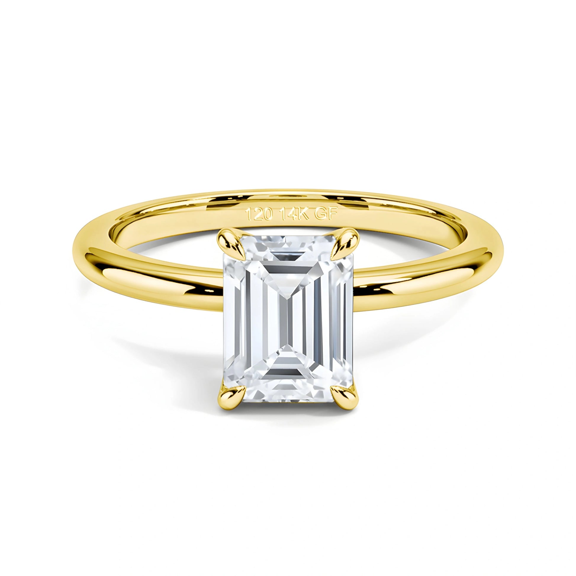 Emerald cut moissanite engagement ring in 14K gold filled front view - Sensitive Stones