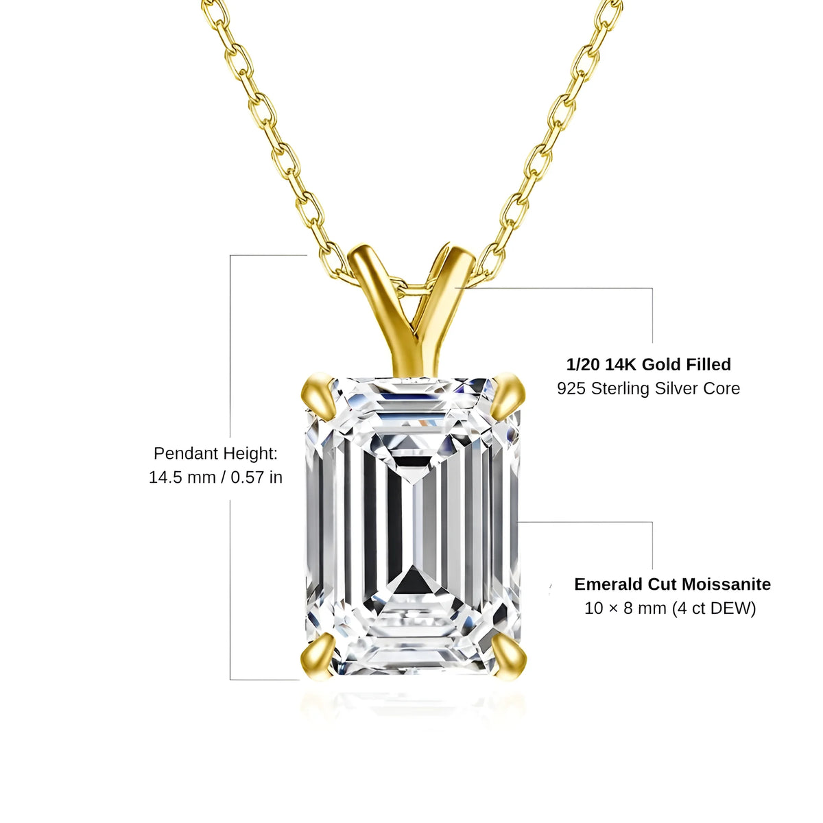 Emerald cut moissanite pendant necklace specifications: 1/20 14K gold filled over a 925 sterling silver core, 10x8mm 4ct stone, 14.5mm pendant height - Sensitive Stones