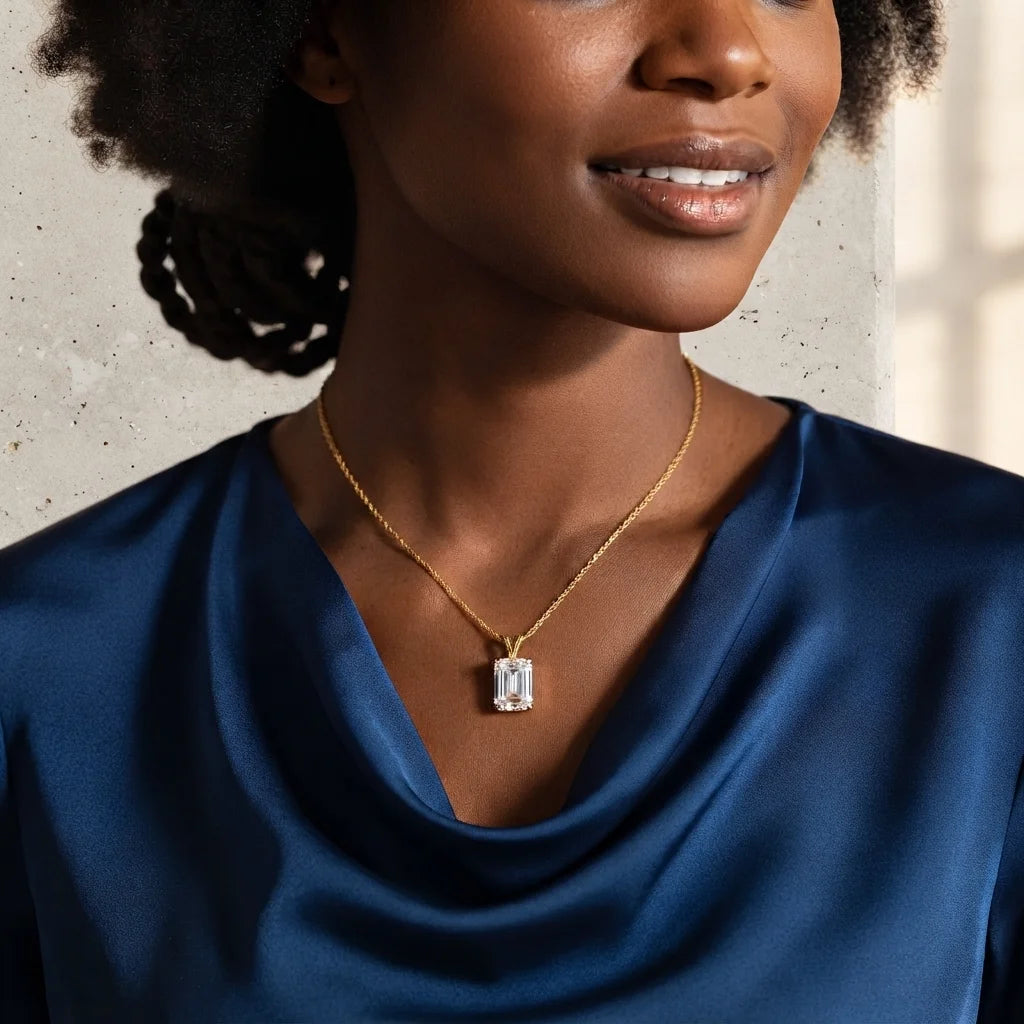 4ct emerald cut moissanite pendant necklace in 14K gold filled worn with a V neckline - Sensitive Stones