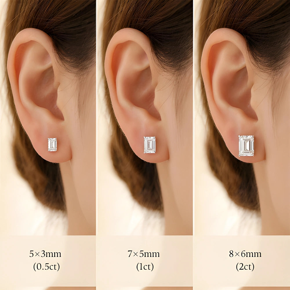 Emerald cut moissanite stud earrings shown on the ear in 0.5ct, 1ct and 2ct per stone sizes - Sensitive Stones