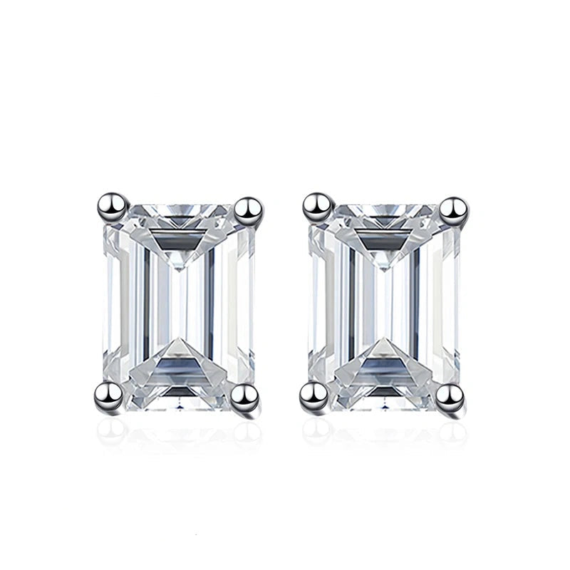 Emerald cut moissanite stud earrings in white gold, front view of the 4-prong setting - Sensitive Stones