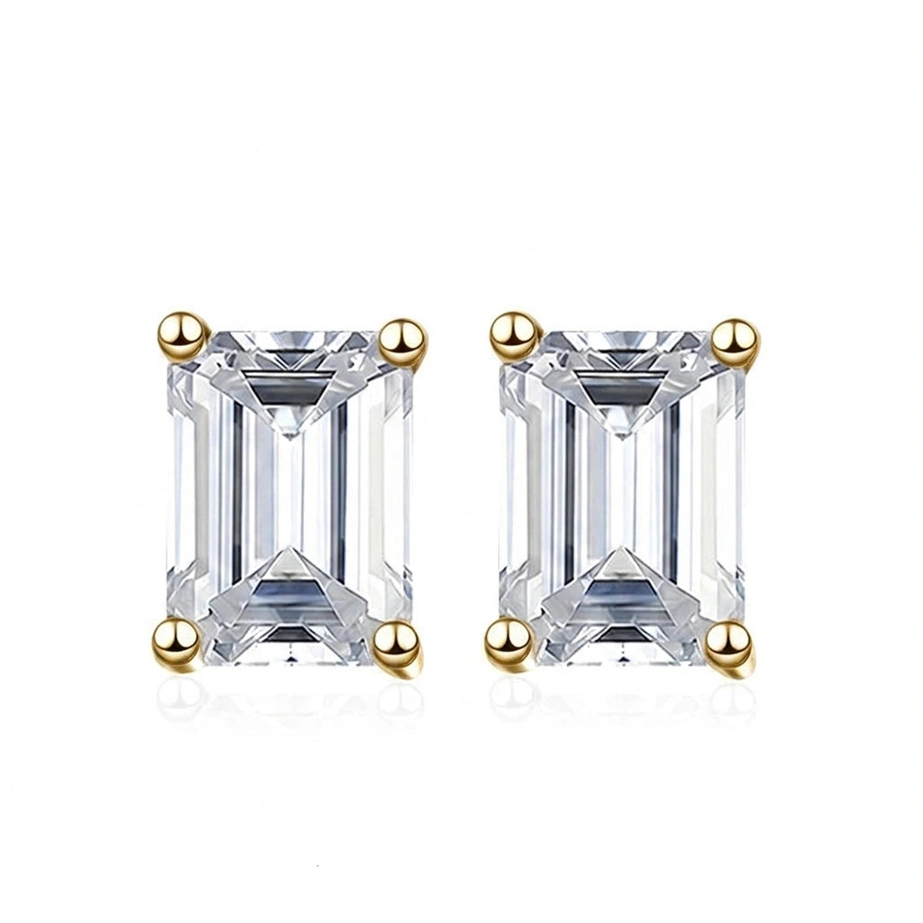 Emerald cut moissanite stud earrings in yellow gold with 4-prong setting - Sensitive Stones
