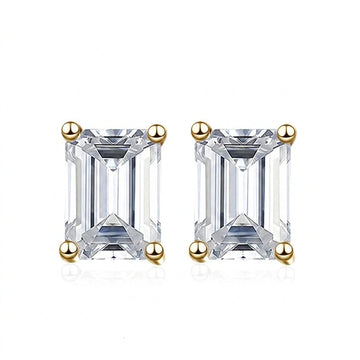 Emerald cut moissanite stud earrings in yellow gold with 4-prong setting - Sensitive Stones