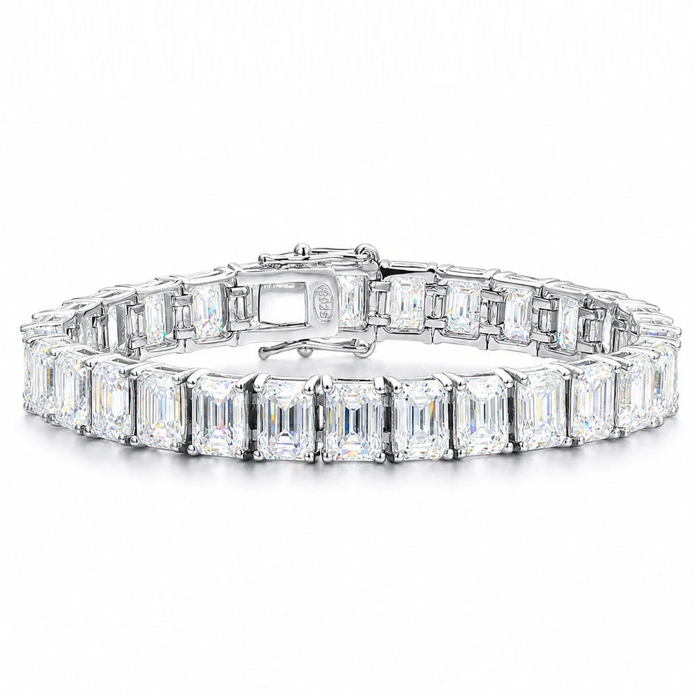 Emerald cut moissanite tennis bracelet, east-west set step-cut D VVS1 stones in 18K white gold plated 925 sterling silver with box clasp - Sensitive Stones