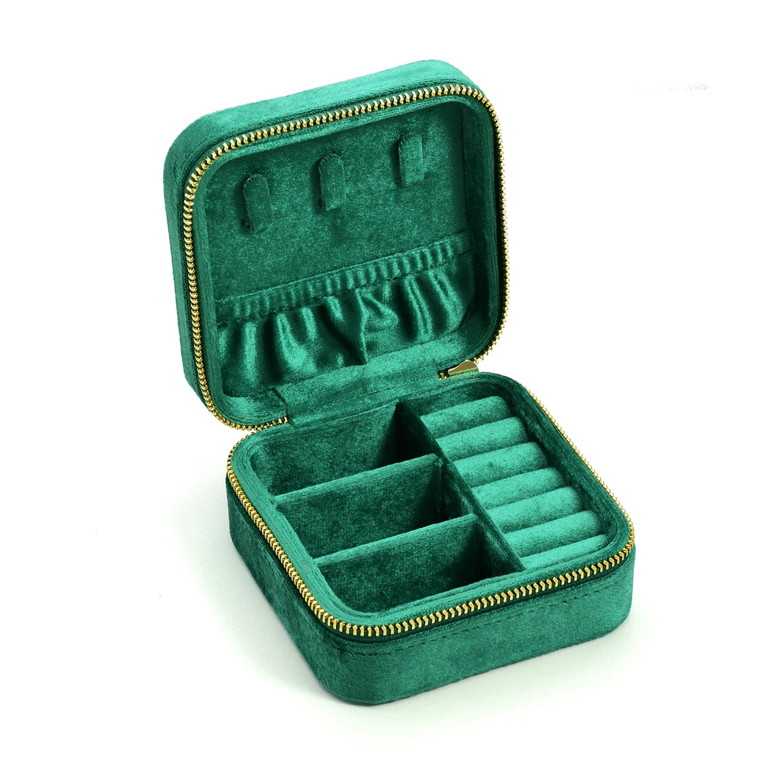 Emerald green velvet travel jewelry box open showing necklace hooks and ring compartments - Sensitive Stones