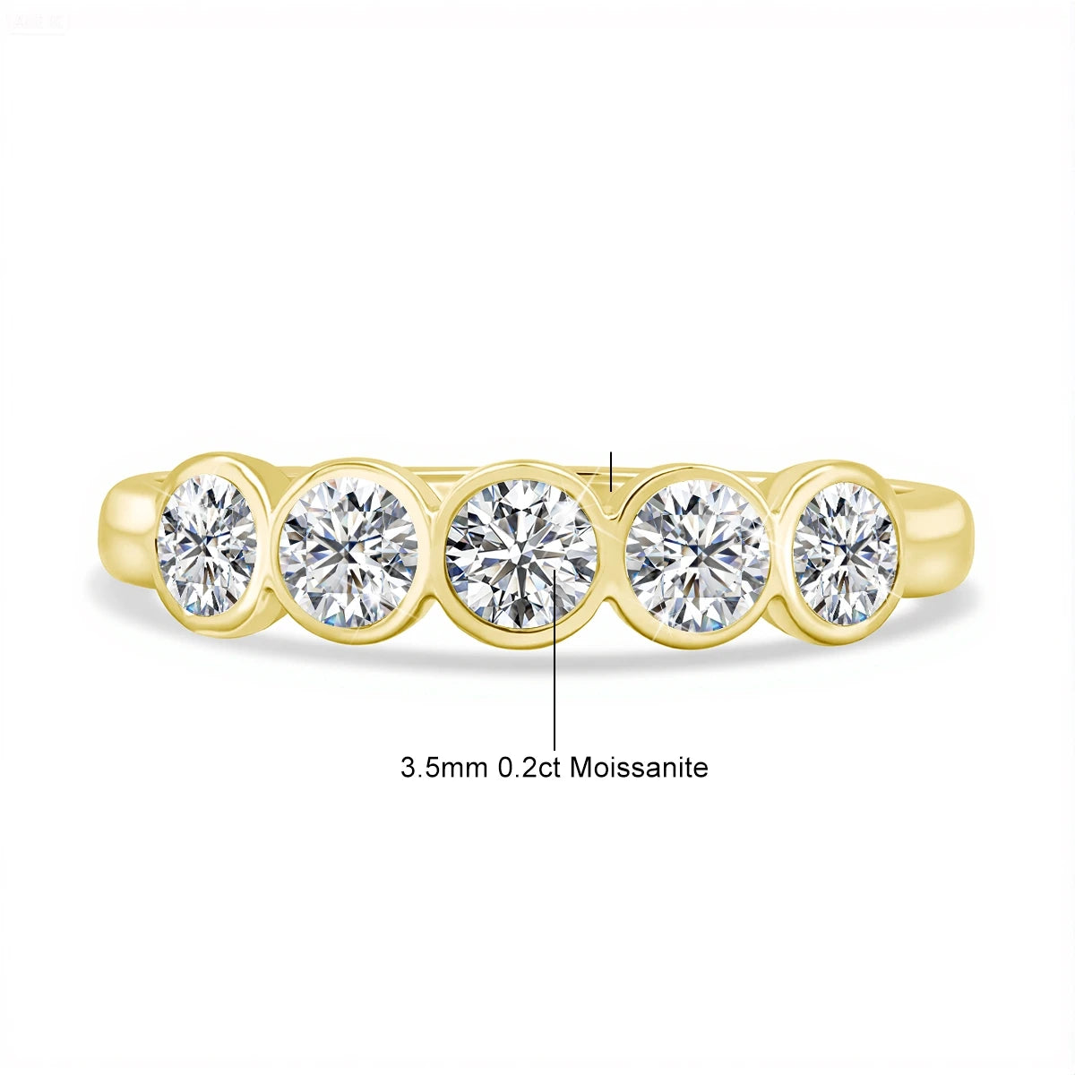 Five stone bezel moissanite ring in 14K gold filled, 3.5mm stones, front view - Sensitive Stones