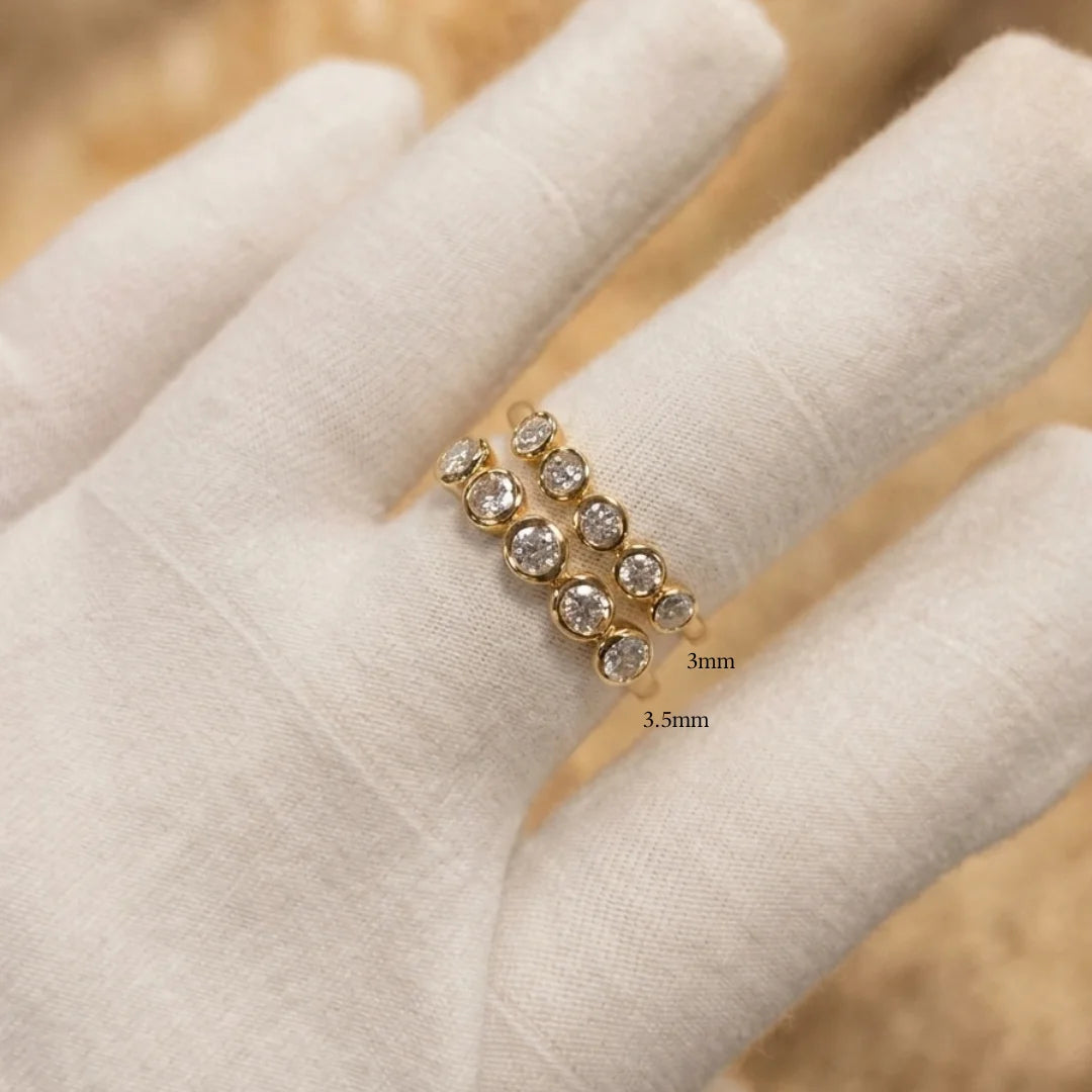 3mm and 3.5mm stone size comparison for the five stone bezel moissanite ring in 14K gold filled - Sensitive Stones