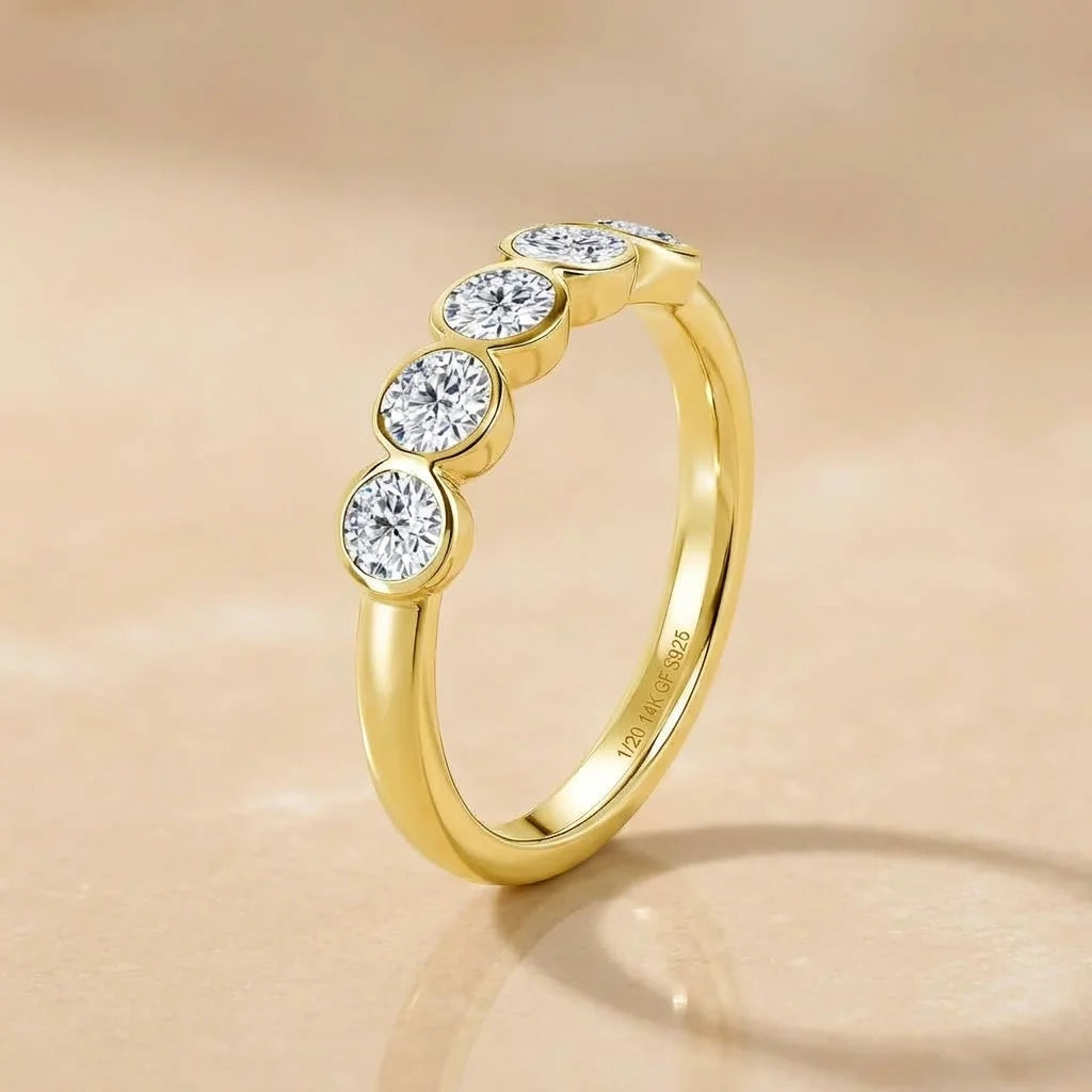 Five stone bezel moissanite ring in 14K gold filled over 925 sterling silver, angled view showing the 1/20 14K GF S925 stamp - Sensitive Stones