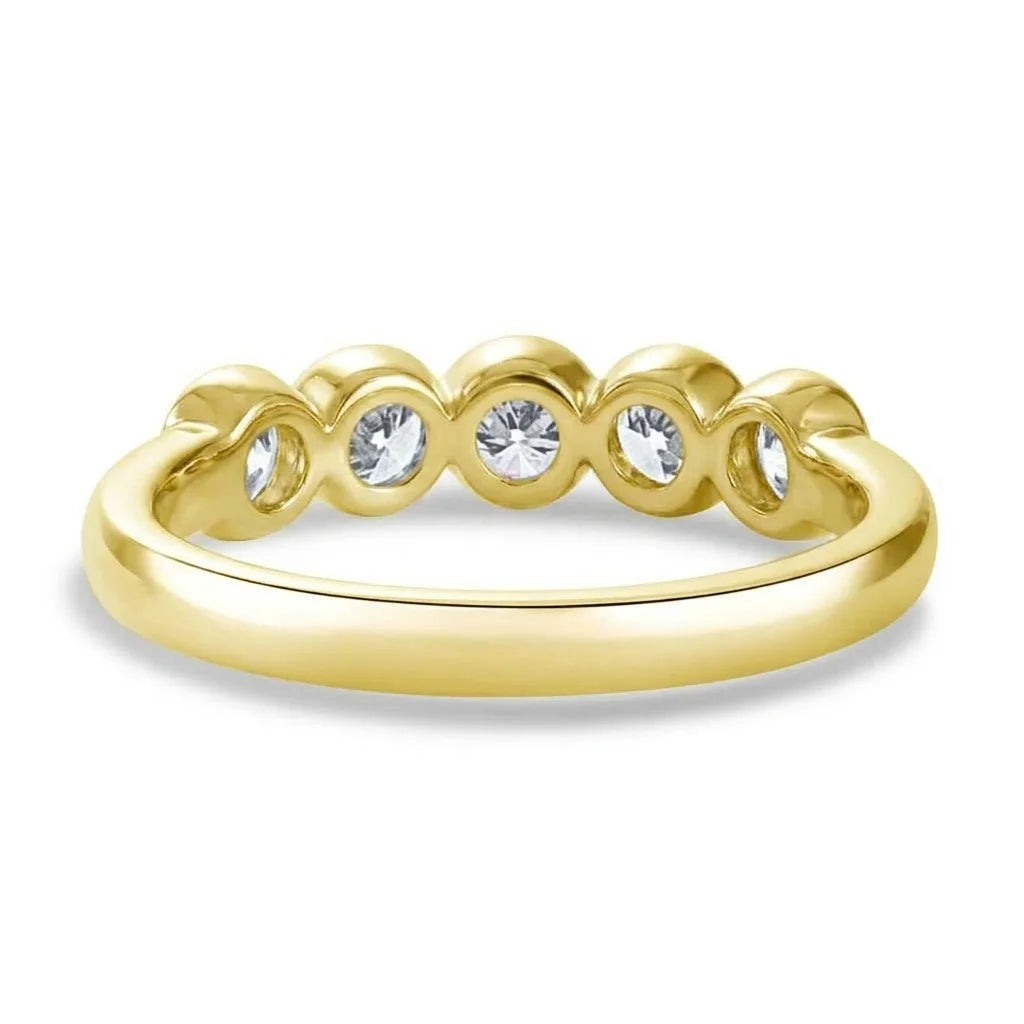 Five stone bezel moissanite ring in 14K gold filled, back view of the open bezels - Sensitive Stones