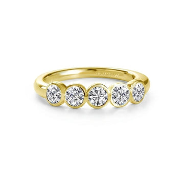 Five stone bezel moissanite ring in 14K gold filled, front view with the 1/20 14K GF 925 stamp inside the band - Sensitive Stones