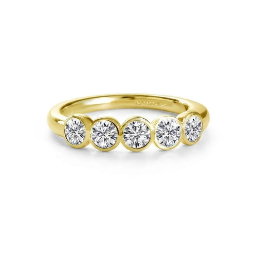 Five stone bezel moissanite ring in 14K gold filled, front view with the 1/20 14K GF 925 stamp inside the band - Sensitive Stones