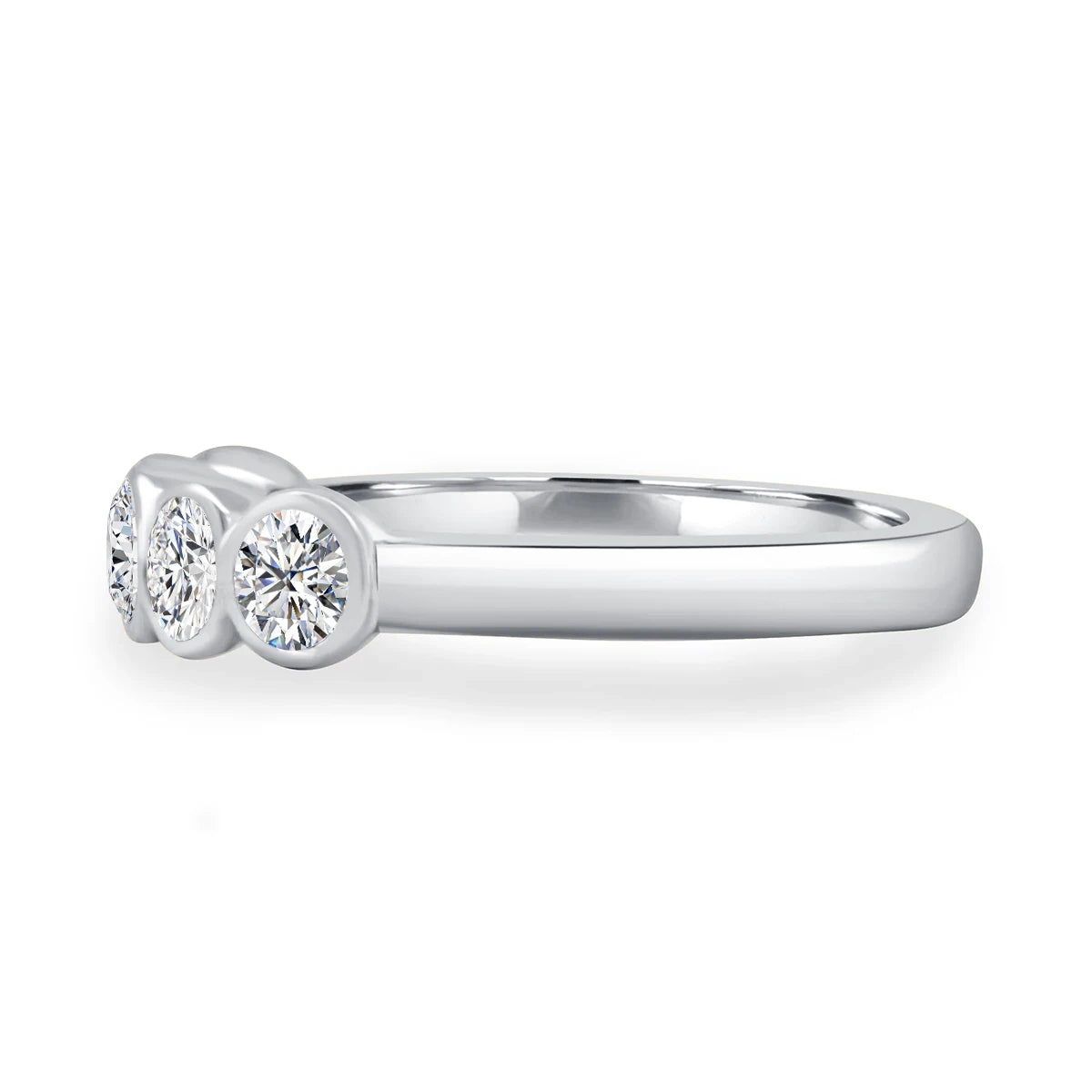 Side view of the five stone bezel moissanite ring showing the low snag-free bezel profile - Sensitive Stones
