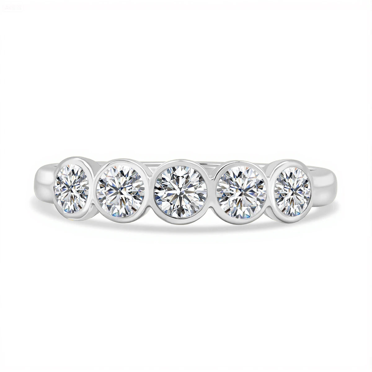 Five stone bezel moissanite ring in 925 sterling silver white gold with 3.5mm round stones - Sensitive Stones